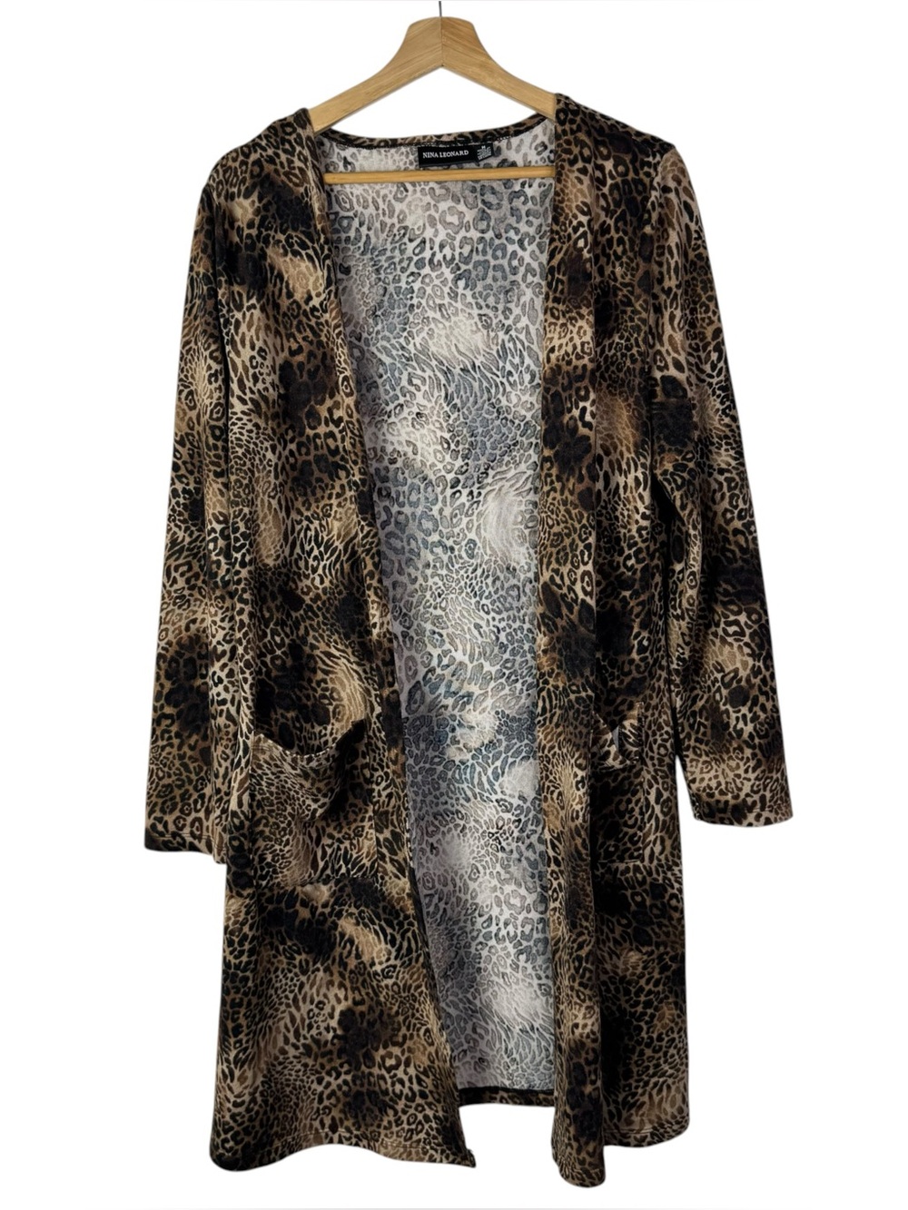Nina Leonard Brown Cheetah Print Longline Cardigan Sweater M